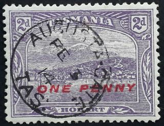 Rare 1914 Tasmania Australia 1d Surch On 2d Pict Stamp Augusta Gate Postmk