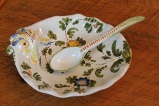 Rare Vintage Cantagalli Faience Italy Bonbon Candy Nut Dish With Spoon W/chicken