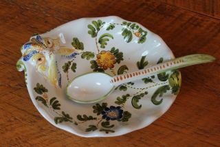 RARE VINTAGE CANTAGALLI FAIENCE ITALY BONBON CANDY NUT DISH WITH SPOON w/CHICKEN 4