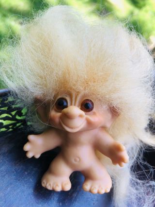 Vintage Troll Doll With Tail 1965 3 " Yellow Hair Brown Eyes Dam Things Rare