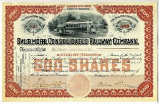 Baltimore Consolidated Railway Trolley Stock Certificate 1898 - Red - Rare