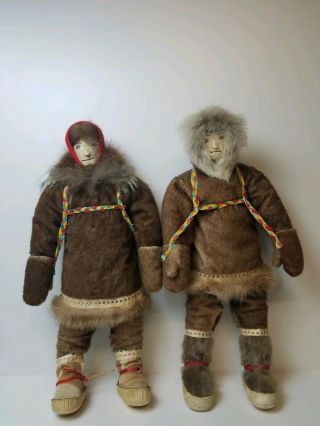 Rare Pair 23 " Vtg Alaska Eskimo Inuit Dolls Indigenous Fur Clothing Hand Made