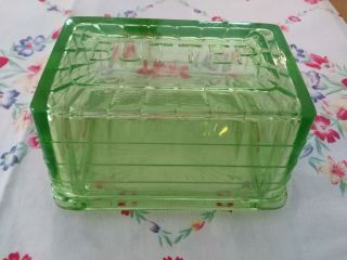 Vintage Anchor Hocking Green Block Optic Butter Dish W/extremely Rare Bottom