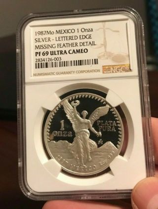 1987 Libertad Proof Silver Mexico Onza Ngc Pf - 69 Missing Tail Feather - Rare