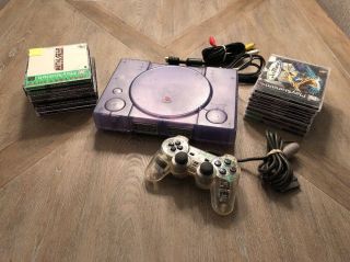 Rare Playstation 1 Ps1 Console Transparent Purple With 12 Games & 1 Controller