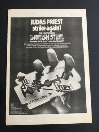 Judas Priest Rare 1980 " British Steel " 12x17” Album Promo Ad