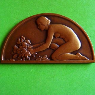 Rare Art Deco Nude Woman & Flowers Roses Big Bronze Medal By Georges Guiraud