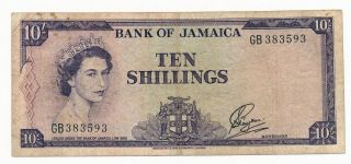 Jamaica 10 Shillings L.  1960 (1964) Qeii Note P.  51bb Rare