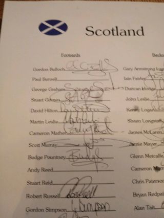 RARE RUGBY 1999 WORLD CUP SCOTLAND SQUAD HAND SIGNED TEAM SHEET UNIQUE 2
