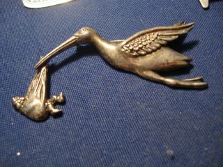 Rare Stork With Baby Old Pawn 925 Sterling Silver Mexico Brooch