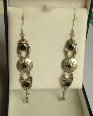Unusual Rare Long Vintage Sterling Silver Black Onyx Drop Dangle Earrings - Vgc