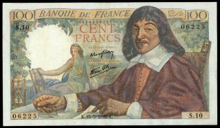 France 100 Francs Descartes 1942 Almost Xf /xf Only 2 Pin Holes Rare Banknote