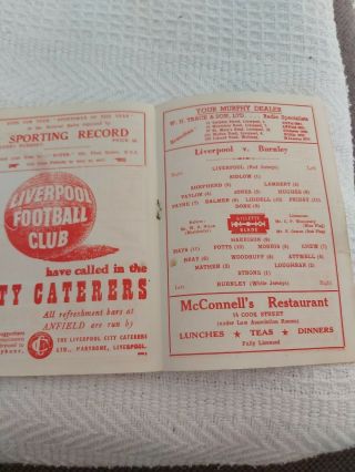 LIVERPOOL FC v Burnley December 4th 1948 Div 1 And VERY Rare 3