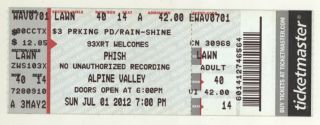 Rare Phish 7/1/12 Troy Wi Alpine Valley Full Ticket