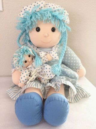Vintage Tb Trading 24 " Stuffed Girl,  Plush Doll,  Blue Polka Dotted With Baby - Rare