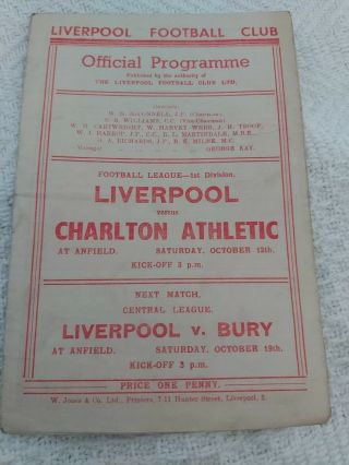 Liverpool Fc V Charlton Athletic Oct 12th 1946 And Very Rare
