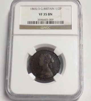 Great Britain 1865/3 1/2 P Half Penny Ngc Vf 35 Bn Overdate Certified Rare Coin