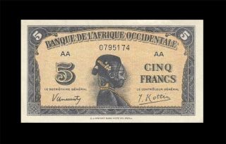 1942 French West Africa 5 Francs Rare " Aa " ( (gem Unc))