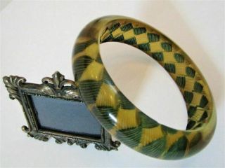Rare Vintage Bakelite Bangle Bracelet Reversed Carved Apple Juice Painted Green