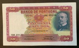 Portugal 50 Escudos 1947 Banknote Aunc Very Rare