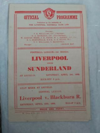 Liverpool Fc V Sunderland April 3rd Div 1 1948 And Very Rare