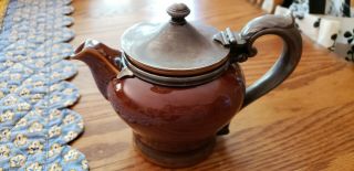 Rare Lenox Art Deco Silver Top & Handle 15 Oz.  Pottery Teapot - Coffee Bean Color