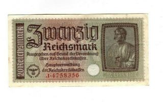 Xxx - Rare 20 Reichsmark 3 Reich Nazi Banknote Ww Ii Very F C Swastika