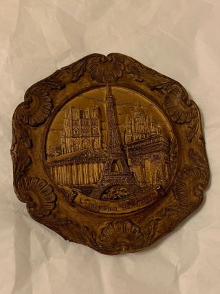 Rare Vintage 3d Carved Wall Plaque Plate Wood Resin Souvenir De Paris W Chippi