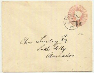 1894 Barbados Qv 1d Postal Stationery Env ½d Black O/p To Lakes Folly Rare