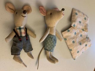 Two Maileg Mice,  Includes One Vintage Red Smile And Rare Linen Inner Mouse