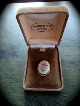 Rare 14k Gf Lenox China Porcelain Pink Rose Pin Necklace Cabochon - Gift