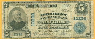 Rare 1902 $5 The Brooklyn National Bank Of York Ch 13292 National Bank Note