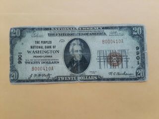 Rare The Peoples National Bank Of Washington,  Pa 1929 $20 Ch 9901