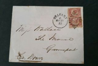 Gb Queen Victoria Sg 48 1/2d Value Pl 9 X Pair On Envelope To Groomsport,  Rare