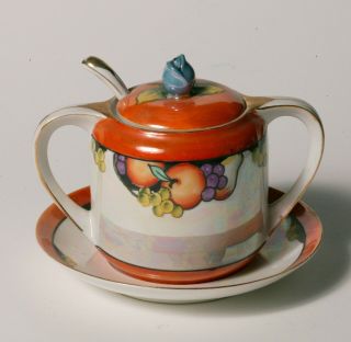 Vintage Art Deco Noritake Jam Jar Set With Underplate - Iridescent W/ Rare Spoon