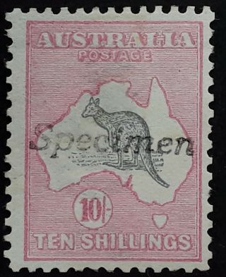 Rare 1913 - Australia 10/ - Grey&pink Kangaroo Stamp 1st Wmk Specimen O/p No Gum