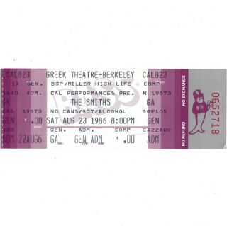 The Smiths Concert Ticket Stub Berkeley Ca 8/23/86 Greek Theatre Morrissey Rare