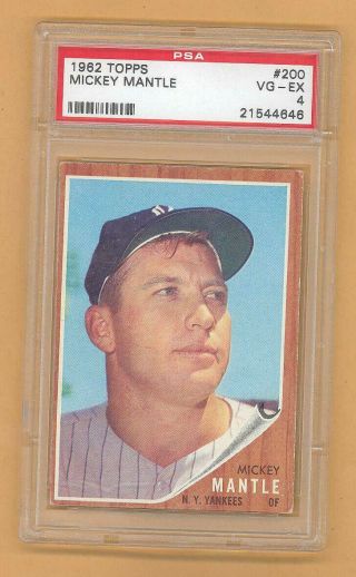 Mickey Mantle 1962 Topps Baseball Card 200 Psa Graded 4 Vg - Ex Yankees Rare