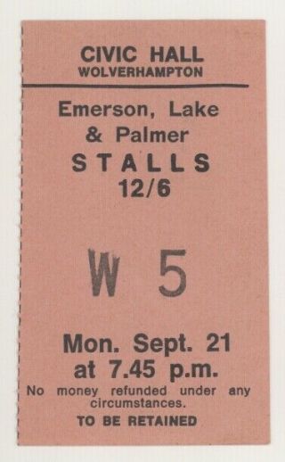 Rare Emerson Lake & Palmer 9/21/70 Wolverhampton Uk Ticket Stub And Elp