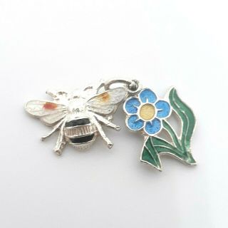 Rare Vintage Sterling Silver Enameled Bumble Bee & Flower Charm