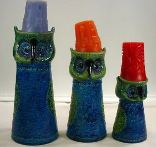 Vtg Set Of 3 - Rare Blue Pottery Owl Candleholders Rosenthal Netter - Bitossi