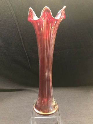 Rare Antique Fenton Carnival Glass Iridescent Ruby Red Ribbed Vase