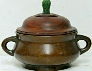 Fine Quality Chinese Bronze Censer With Jade Finial & Seal Mark Very Rare L@@k