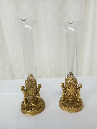 Rare Vintage Gold Ormolu Filigree Metal/glass Bud Vase Hollywood Regency X 2