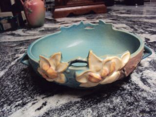 Antique Roseville Pottery 2 Handle Magnolia Blue Console Bowl 448 - 8 " Rare Item