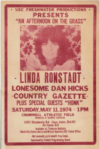 Rare 1974 Handbill Linda Ronstadt Lonesome Dan Hicks Cromwell Athletic Field Usc
