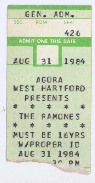 Mega Rare The Ramones 8/31/84 West Hartford Ct The Agora Ticket Stub