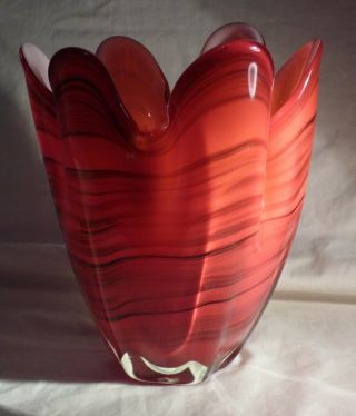 Vintage Large Rare Murano Sommerso Art Vase Red With Unusual Black Waves