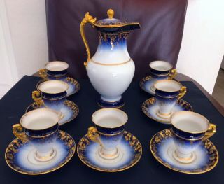 Exquisite Rare T & V Limoges Chocolate Pot Cup And Saucer Set Cobalt & Gold