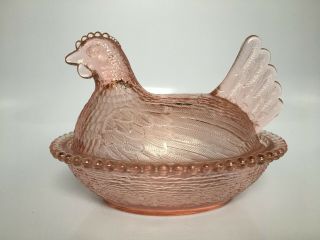 Rare Vintage Indiana Pale Pink Glass Chicken Hen On Nest Covered Dish